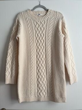 Uniqlo Cream Cable-Knit Crew Neck Pullover Sweater Dress Women’s M Wool Blend